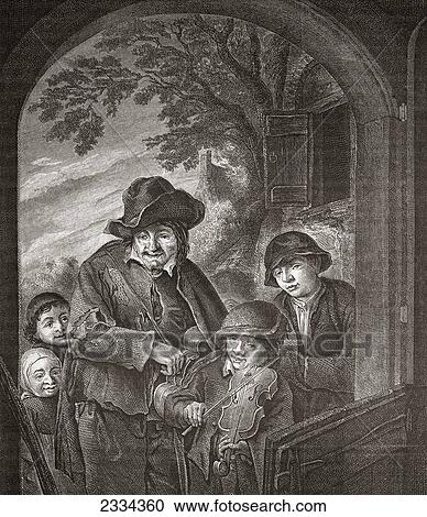 Stock Image - Les Musiciens Ambulants By Adriaen Van Ostade. The Buskers. From Histoire Des Peintres De Toutes Les ÃƒÆ’Ã¢â‚¬Â°Coles, ÃƒÆ’Ã¢â‚¬Â°Cole Hollandaise, Published 1863.. Fotosearch