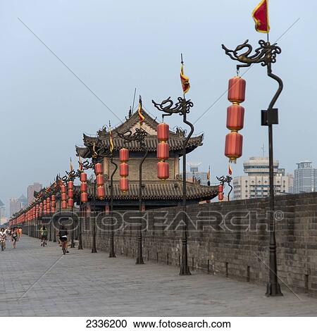 Stock Image - Lianhu Ancient City Wall; Xi'an, Shaanxi, China. Fotosearch