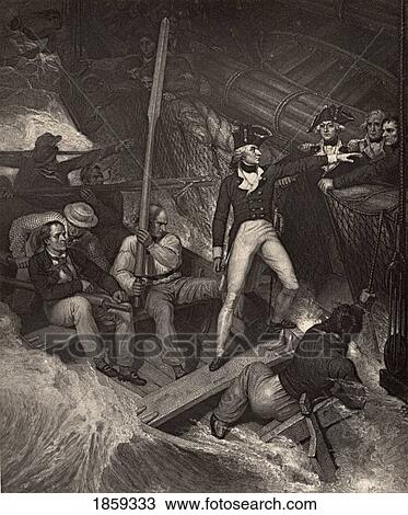 Stock Image - Lieut. Nelson Volunteering To Board A Prize In Violent Gale. Horatio Nelson, Lord Nelson, Viscount Nelson, 1758-1805. British Naval Commander. Illustration By Westall. From The Book The Life Of Nelson By Robert Southey Published London, 1883.. Fotosearch