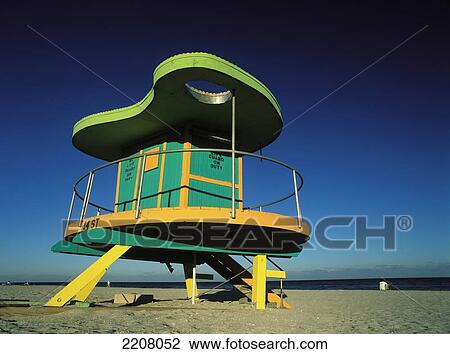 Stock Image - Life Guards Tower At Dusk On South Beach, Miami, Florida, Usa.. Fotosearch