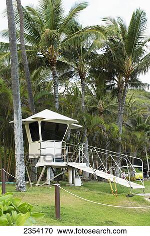 Stock Image - Lifeguard stand at Hanauma Bay; Oahu, Hawaii, United States of America. Fotosearch