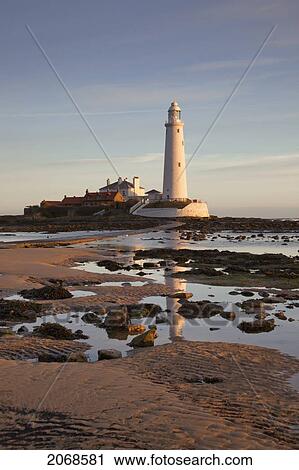 Stock Image - Lighthouse On St. Mary's Island; Northumberland England. Fotosearch