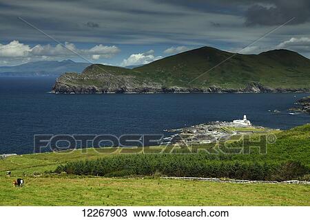 Stock Image - Lighthouse on Valentia Island on the Wild Atlantic Way, Ring of Kerry; County Kerry, Ireland. Fotosearch