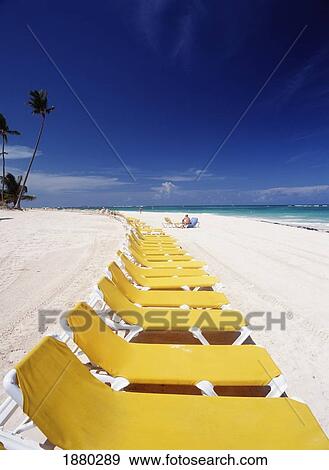 Stock Photo - Line Of Empty Yellow Sun Loungers On The Beach. Fotosearch