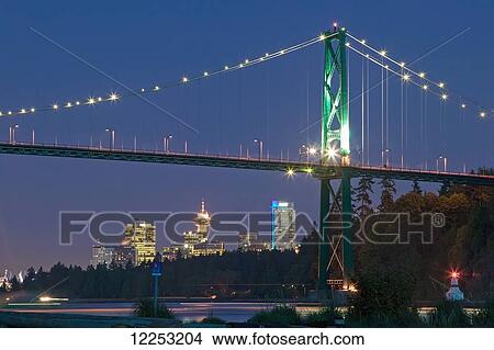 Picture - Lions Gate Bridge and downtown Vancouver from Ambleside Park; West Vancouver, British Columbia, Canada. Fotosearch