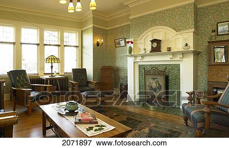 Stock Photo - Livingroom Of Arts And Crafts Style Home, Victoria, British Columbia. Fotosearch