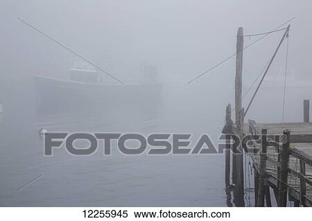 Lobster boat and boat dock in fog; New Harbor, Maine, United States of America View Large Photo Image Stock Photography - Lobster boat and boat dock in fog; New Harbor, Maine, United States of America. Fotosearch