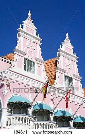 Stock Image - Local Achitecture; Royal Plaza Mall, Oranjestad, Aruba Island, Kingdom Of The Netherlands.. Fotosearch