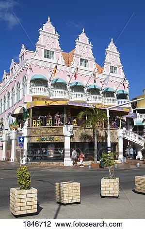 Stock Image - Local Achitecture; Royal Plaza Mall, Oranjestad, Aruba Island, Kingdom Of The Netherlands.. Fotosearch