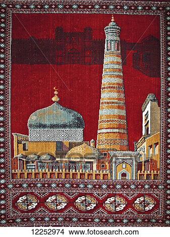 Picture - Locally made carpet showing Islam Khoja minaret (right) and dome of Pakhlavan Mahmoud Mausoleum (left), Ichan Kala Old City; Khiva, Uzbekistan. Fotosearch