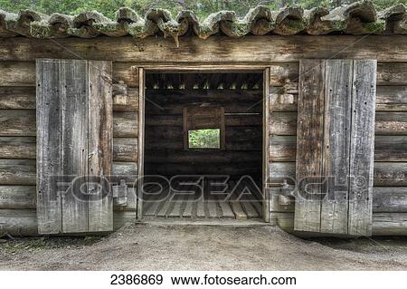 Stock Photo - Log stable in Algonquin Logging Museum, Algonquin Provincial Park; Ontario, Canada. Fotosearch