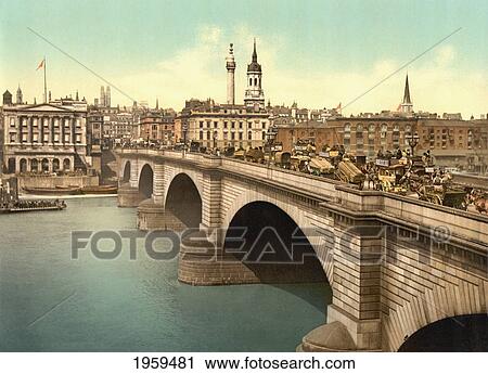Stock Image - London Bridge Across The Thames River, London, England. From A Colour Postcard Circa 1890.. Fotosearch
