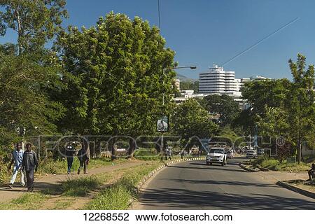 Stock Image - Looking along road towards the centre of Blantyre; Blantyre, Malawi. Fotosearch