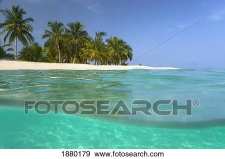 Stock Photo - Looking Ashore To Cayo Levantado As Viewed Half Underwater. Fotosearch