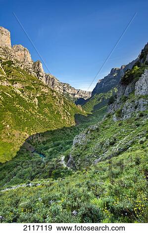 Stock Photo - Looking Back Down To The Footpath Along The Vikos Gorge; Zagoria Epirus Greece. Fotosearch