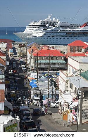 Looking down Market Street to saturday market with cruise ships in port behind, St Georges, Grenada. View Large Photo Image Stock Image - Looking down Market Street to saturday market with cruise ships in port behind, St Georges, Grenada.. Fotosearch