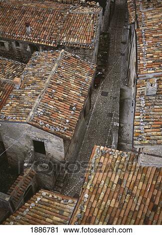 Stock Image - Looking Down On Tile Rooftops Of San Stefano Di Sessanio. Fotosearch