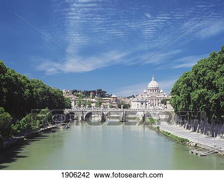 Stock Image - Looking Down River Tiber To St Peter's Basilica, Vatican City, Rome, Italy. Fotosearch
