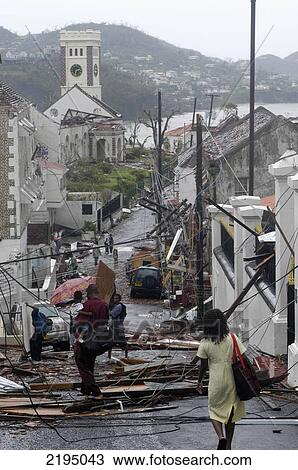 Stock Image - Looking Down Ruined Street Towards The Anglican Cathedral After Hurricane Ivan, St Georges, Grenada.. Fotosearch