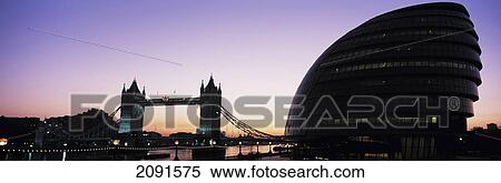 Stock Photography - Looking Down The Thames Before Dawn Towards Tower Bridge And The Greater London Assembly Office, London, Uk.. Fotosearch