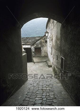 Picture - Looking Into Small Cobbled Courtyard In Torla Village In The Pyrenees, Spain.. Fotosearch