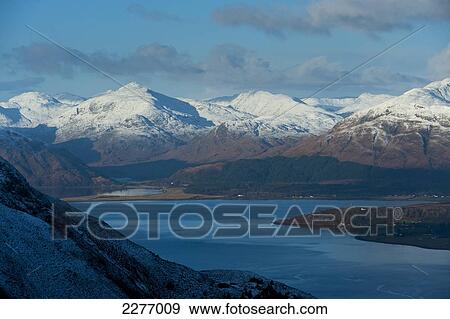 Stock Photo - Looking out to Loch Linnhe from the snowy slopes of Sgorr Dhearg near Glen Coe; Highlands, Scotland. Fotosearch
