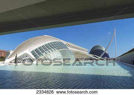 Stock Photograph - Looking Over Pool In Ciudad De Las Artes Y Las Ciencias (City Of Arts And Sciences); Valencia, Spain. Fotosearch
