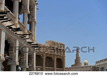 Stock Image - Looking over the Wafi souk to Qatar Islamic Culture Center and Mosque (Fanar); Doha, Qatar. Fotosearch