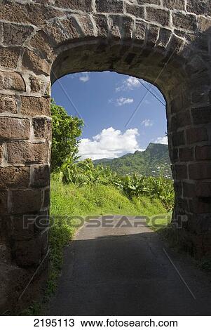 Stock Image - Looking through old gateway of Fort Fredrick above St Georges, Grenada.. Fotosearch