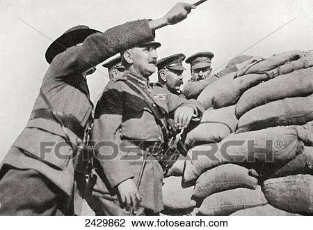 Stock Image - Lord Kitchener's personal visit to Gallipoli in 1915. Examining the position from the Anzac trenches, close to the Turkish lines. Field Marshal Horatio Herbert Kitchener, 1st Earl Kitchener, 1850. Fotosearch