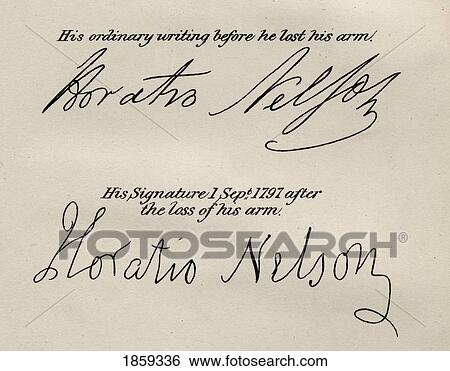 Stock Photograph - Lord Nelsons' Signatures. Horatio Nelson, Lord Nelson, Viscount Nelson, 1758-1805. British Naval Commander. Illustration By Westall. From The Book The Life Of Nelson By Robert Southey Published London, 1883.. Fotosearch
