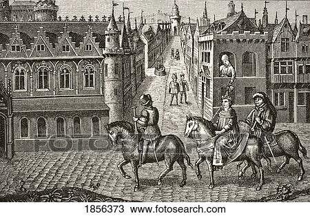 Stock Image - Louis Ix King Of France 1214 To 1270 Has Pot Of Urine Poured On Him By A Student As He Rides To Church In Paris. After 15Th Century Miniature. From Science And Literature In The Middle Ages By Paul Lacroix Published London 1878. Fotosearch