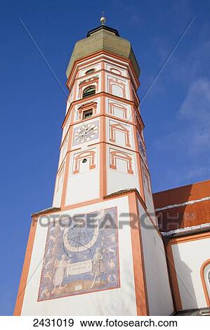 Stock Photo - Low angle view of a clock tower, Kloster Andechs; Bavaria, Germany. Fotosearch