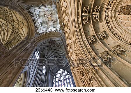 Stock Image - Low angle view of the ceiling inside Canterbury Cathedral; Canterbury, Kent, England. Fotosearch