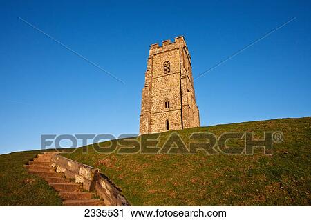 Stock Image - Low Angle View Of Tower; Glastonbury, Somerset, England, Uk. Fotosearch