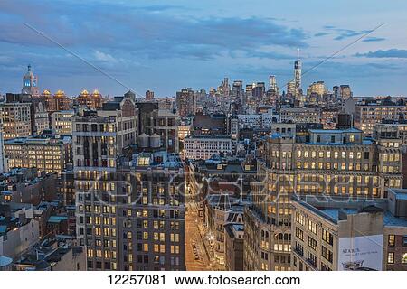 Stock Image - Lower Manhattan at twilight; New York City, New York, United States of America. Fotosearch