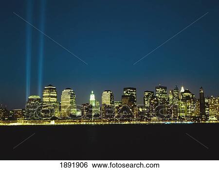 Stock Photograph - Lower Manhattan Skyline And World Trade Centre Memorial Lights. Fotosearch