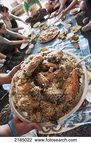 Stock Image - Lunch With A Local Family In The Village Of Orjan, Near The Al Ayoun Trail, Dishes Include Roast Chicken And Rice, Stuffed Cucumbers, Salads, Broths And Dips, Jordan, Middle East. Fotosearch