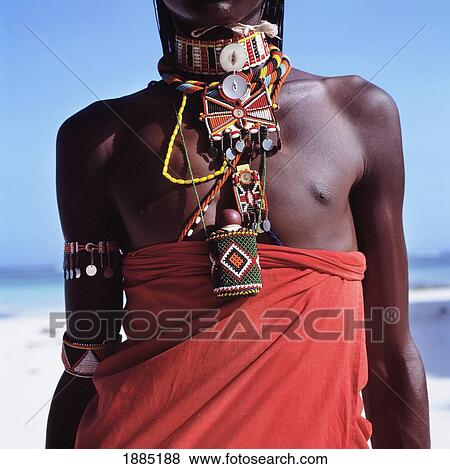 Stock Photo - Maasai In Traditional Dress On Beach, Close Up. Fotosearch