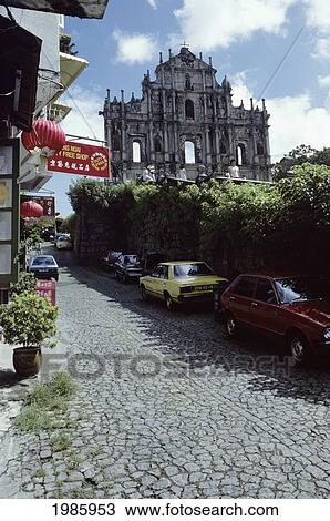 Macau, Saint Paul's Cathedral Ruins, Cobblestone Street In Foreground. View Large Photo Image Stock Image - Macau, Saint Paul's Cathedral Ruins, Cobblestone Street In Foreground.. Fotosearch
