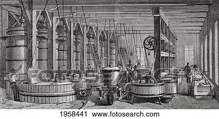 Stock Image - Machinery Used In The Purification Of Amalgamated Silver At The Gould And Curry Factory In Nevada, America In The 19Th Century. From El Mundo En La Mano Published 1875.. Fotosearch