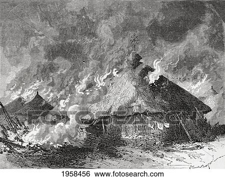 Stock Photograph - Magdala Fortress, Abyssinia, Burning After Being Set Fire To By The British Army After The Battle On Mount Fahla. From El Mundo En La Mano Published 1875.. Fotosearch