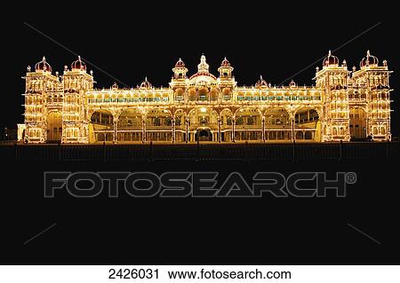 Stock Image - Maharaja's palace at nighttime; Mysore, Karnataka, India. Fotosearch