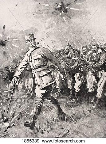 Stock Photo - Major Jean-Baptiste Marchand 1863 To 1934 Pipe In Mouth Cane In Hand Leads Zouave And Moroccan Units Against German Enemy Western Front 1915 From The War Illustrated Album Deluxe Published London 1916. Fotosearch