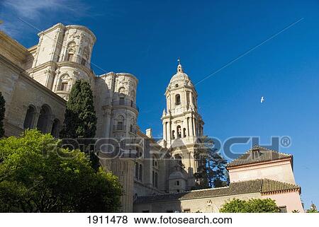 Stock Photo - Malaga Cathedral, Low Angle View, Malaga, Andalucia, Spain.. Fotosearch