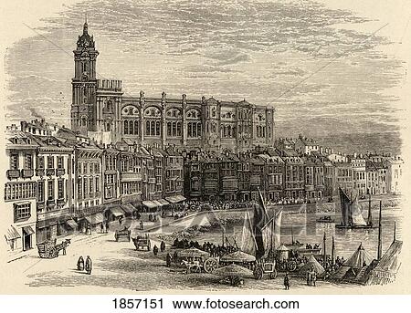 Stock Image - Malaga, Spain. Port, Quay And Cathedral. From The Book Spanish Pictures By The Rev Samuel Manning, Published 1870.. Fotosearch