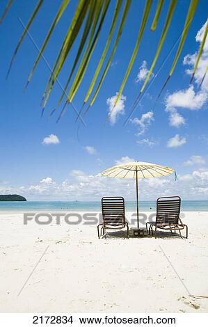 Picture - Malaysia, Pantai Cenang (Cenang beach); Pulau Langkawi, Deck chairs under parasol on white sandy beach with palm trees overlooking blue sea. Fotosearch
