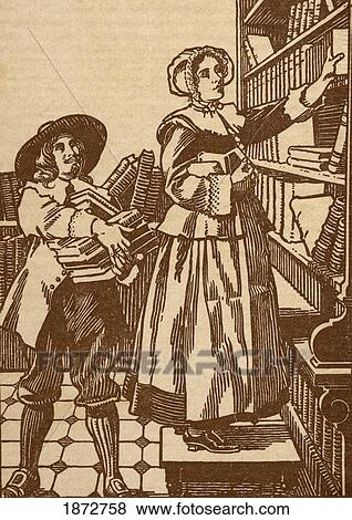 Stock Photo - Male And Female Booksellers Working In 17Th Century Bookshop.. Fotosearch