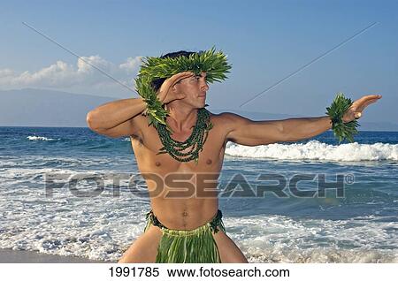 Male Hula Dancer In Ti-Leaf Costume, Haku, Lei, In A Dancing Pose On ...