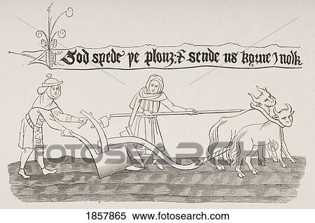 Stock Photography - Man And Woman Ploughing Field Miniature From Ancient Anglo-Saxon Manuscript. Legend Says God Spede Ye Plough And Send Us Korne Enow. Fotosearch